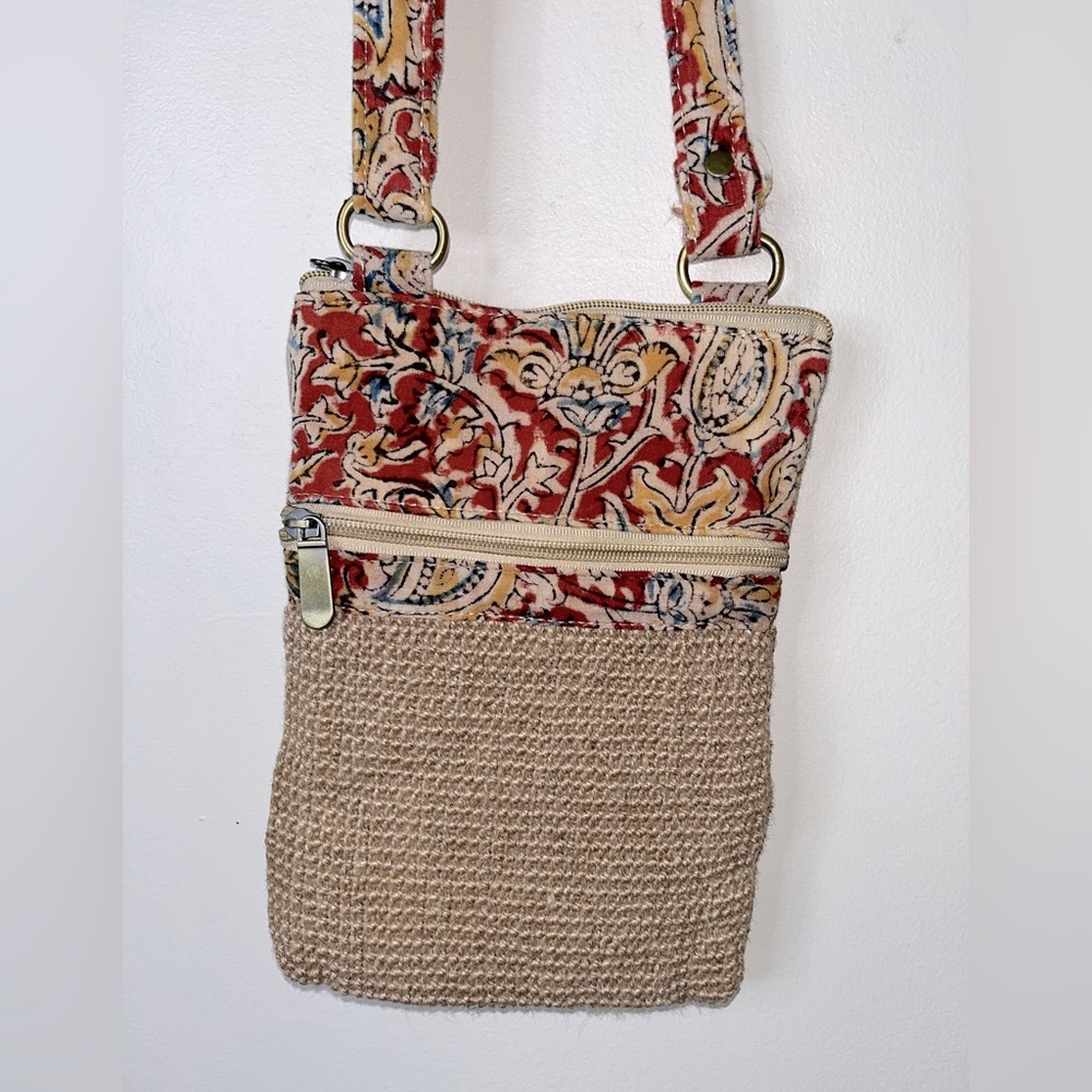 Jute Cottage Sling Handbag Dobby Jute Fabric Ethnic Block Kalamkari Design Bag - Picture 2 of 8